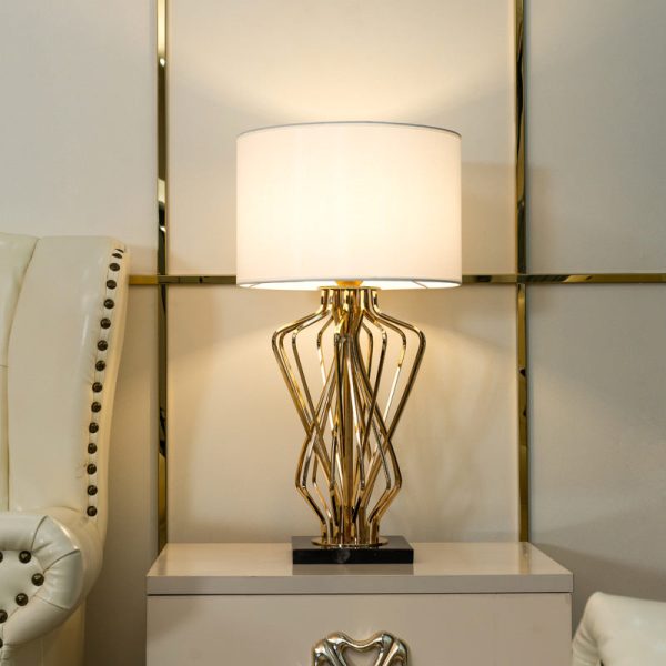 Contemporary Creative Fabric Metal Marble Curved Round 1-Light Table Lamp For Bedroom - Image 3