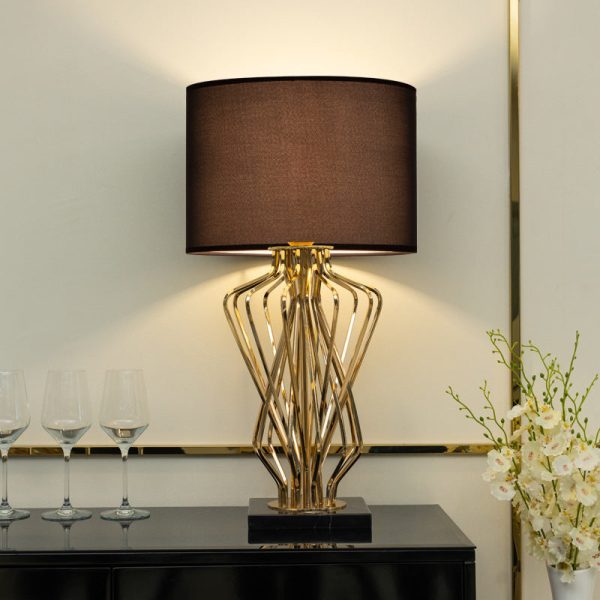Contemporary Creative Fabric Metal Marble Curved Round 1-Light Table Lamp For Bedroom
