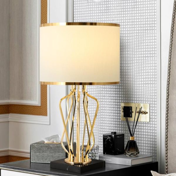 Contemporary Creative Fabric Metal Marble Curved Round 1-Light Table Lamp For Bedroom - Image 12