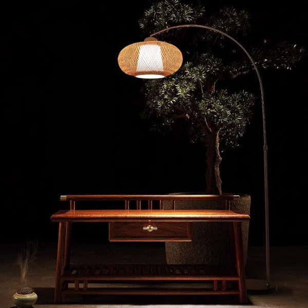 Traditional Chinese Marble Bamboo Stainless Steel Curved Oval 1-Light Standing Floor Lamp For Living Room