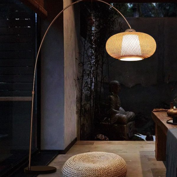 Traditional Chinese Marble Bamboo Stainless Steel Curved Oval 1-Light Standing Floor Lamp For Living Room - Image 3