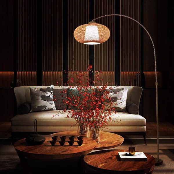 Traditional Chinese Marble Bamboo Stainless Steel Curved Oval 1-Light Standing Floor Lamp For Living Room - Image 14