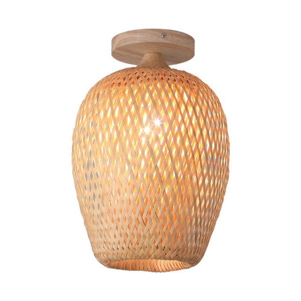 Contemporary Scandinavian Rubberwood Bamboo Woven Round 1-Light Semi-Flush Mount Ceiling Light For Living Room - Image 13