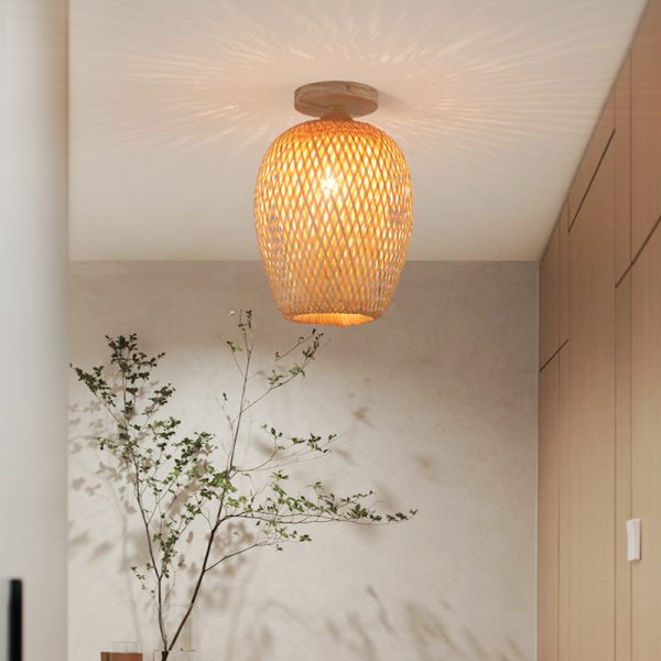 Contemporary Scandinavian Rubberwood Bamboo Woven Round 1-Light Semi-Flush Mount Ceiling Light For Living Room - Image 2