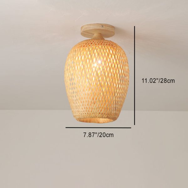 Contemporary Scandinavian Rubberwood Bamboo Woven Round 1-Light Semi-Flush Mount Ceiling Light For Living Room - Image 4
