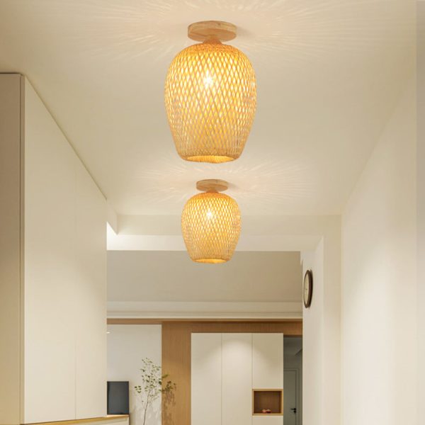 Contemporary Scandinavian Rubberwood Bamboo Woven Round 1-Light Semi-Flush Mount Ceiling Light For Living Room - Image 8