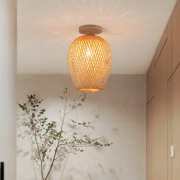 Contemporary Scandinavian Rubberwood Bamboo Woven Round 1-Light Semi-Flush Mount Ceiling Light For Living Room - Image 10