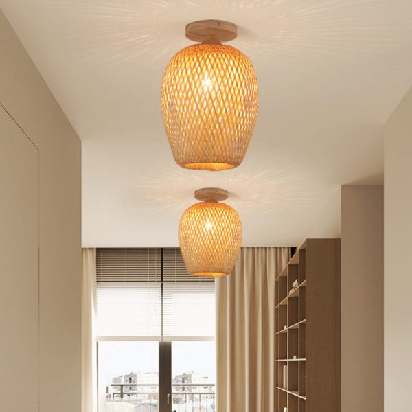 Contemporary Scandinavian Rubberwood Bamboo Woven Round 1-Light Semi-Flush Mount Ceiling Light For Living Room - Image 9