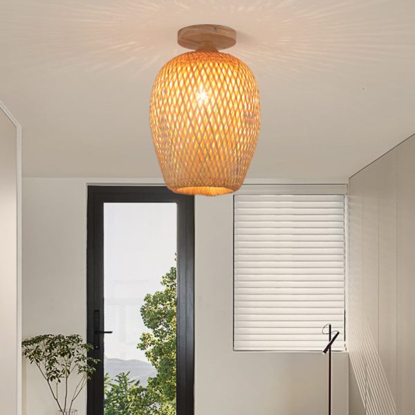 Contemporary Scandinavian Rubberwood Bamboo Woven Round 1-Light Semi-Flush Mount Ceiling Light For Living Room - Image 3