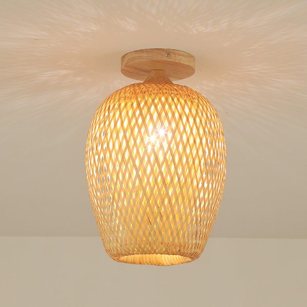 Contemporary Scandinavian Rubberwood Bamboo Woven Round 1-Light Semi-Flush Mount Ceiling Light For Living Room - Image 11