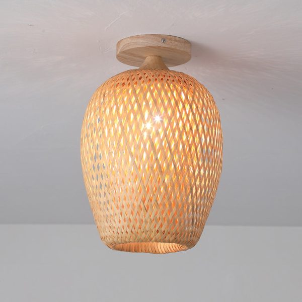 Contemporary Scandinavian Rubberwood Bamboo Woven Round 1-Light Semi-Flush Mount Ceiling Light For Living Room - Image 12