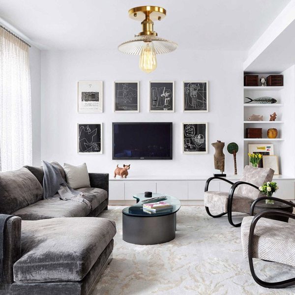 Contemporary Scandinavian Glass Aluminum Fan-Shaped Round 1-Light Semi-Flush Mount Ceiling Light For Living Room - Image 2