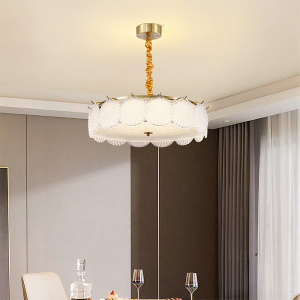 Traditional French Metal & Glass Round Shell Leaf LED Chandelier For Bedroom And Living Room - Image 5