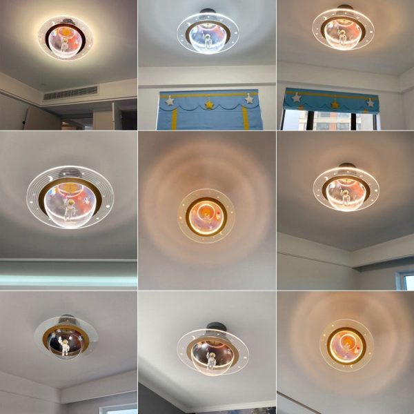 Contemporary Creative Kids Iron Resin & Acrylic Astronaut Globe LED Semi-Flush Mount Ceiling Light For Bedroom - Image 13