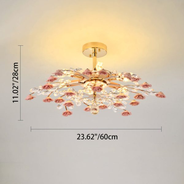 Traditional French Ceramic Crystal Iron Rose & Branch 6/7/8 Light LED Semi-Flush Mount Ceiling Light For Living Room & Bedroom - Image 7