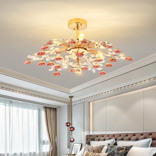 Traditional French Ceramic Crystal Iron Rose & Branch 6/7/8 Light LED Semi-Flush Mount Ceiling Light For Living Room & Bedroom - Image 3
