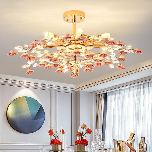 Traditional French Ceramic Crystal Iron Rose & Branch 6/7/8 Light LED Semi-Flush Mount Ceiling Light For Living Room & Bedroom - Image 5