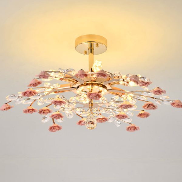 Traditional French Ceramic Crystal Iron Rose & Branch 6/7/8 Light LED Semi-Flush Mount Ceiling Light For Living Room & Bedroom - Image 21