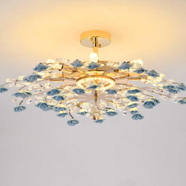 Traditional French Ceramic Crystal Iron Rose & Branch 6/7/8 Light LED Semi-Flush Mount Ceiling Light For Living Room & Bedroom - Image 22