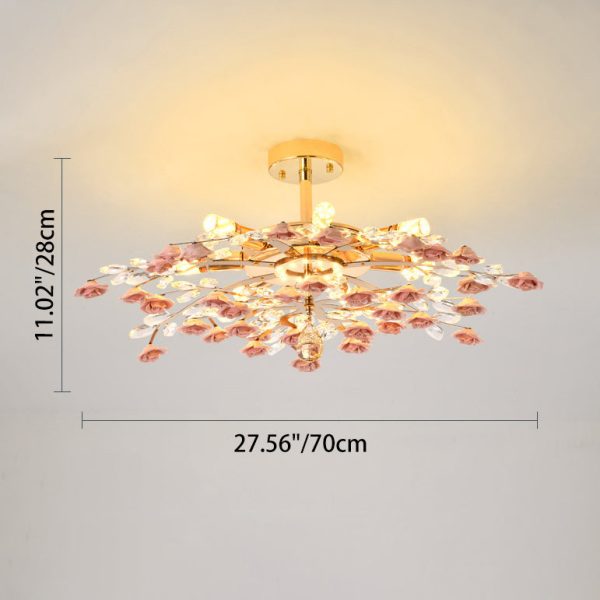 Traditional French Ceramic Crystal Iron Rose & Branch 6/7/8 Light LED Semi-Flush Mount Ceiling Light For Living Room & Bedroom - Image 8