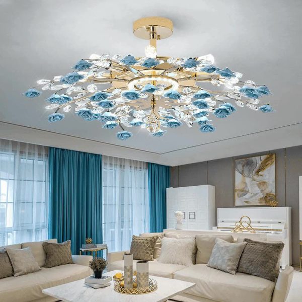 Traditional French Ceramic Crystal Iron Rose & Branch 6/7/8 Light LED Semi-Flush Mount Ceiling Light For Living Room & Bedroom - Image 4