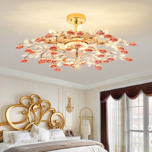 Traditional French Ceramic Crystal Iron Rose & Branch 6/7/8 Light LED Semi-Flush Mount Ceiling Light For Living Room & Bedroom - Image 18