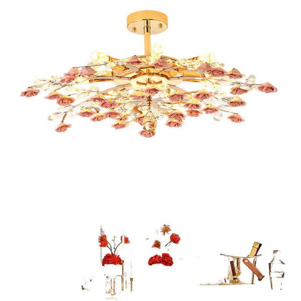 Traditional French Ceramic Crystal Iron Rose & Branch 6/7/8 Light LED Semi-Flush Mount Ceiling Light For Living Room & Bedroom - Image 25