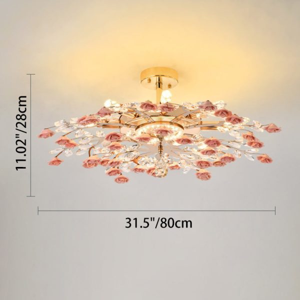 Traditional French Ceramic Crystal Iron Rose & Branch 6/7/8 Light LED Semi-Flush Mount Ceiling Light For Living Room & Bedroom - Image 9