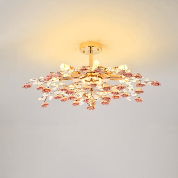 Traditional French Ceramic Crystal Iron Rose & Branch 6/7/8 Light LED Semi-Flush Mount Ceiling Light For Living Room & Bedroom - Image 19