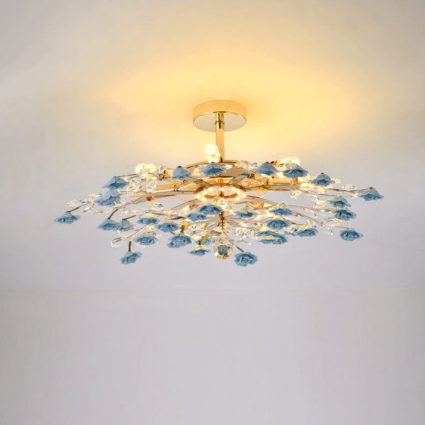 Traditional French Ceramic Crystal Iron Rose & Branch 6/7/8 Light LED Semi-Flush Mount Ceiling Light For Living Room & Bedroom - Image 20