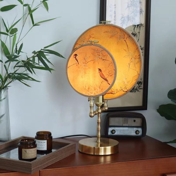 Traditional Chinese Fabric Copper And Wood Round Fan Bamboo Leaf 1-Light Table Lamp For Bedroom - Image 4