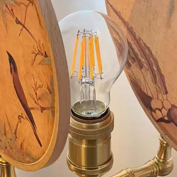 Traditional Chinese Fabric Copper And Wood Round Fan Bamboo Leaf 1-Light Table Lamp For Bedroom - Image 13