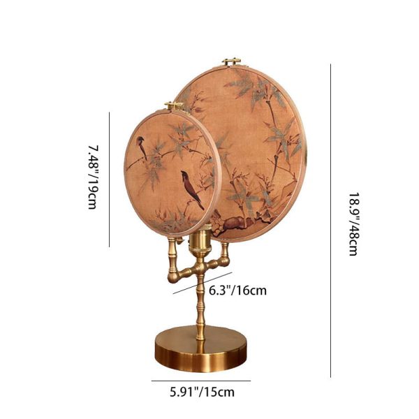 Traditional Chinese Fabric Copper And Wood Round Fan Bamboo Leaf 1-Light Table Lamp For Bedroom - Image 7