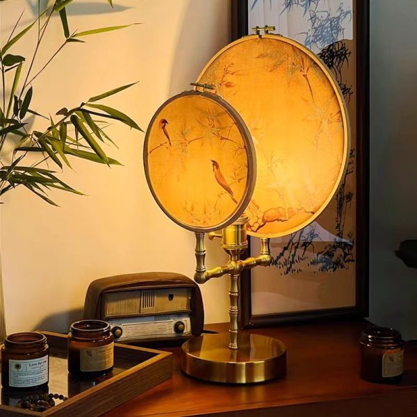 Traditional Chinese Fabric Copper And Wood Round Fan Bamboo Leaf 1-Light Table Lamp For Bedroom - Image 3