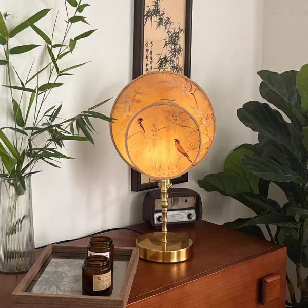 Traditional Chinese Fabric Copper And Wood Round Fan Bamboo Leaf 1-Light Table Lamp For Bedroom - Image 16