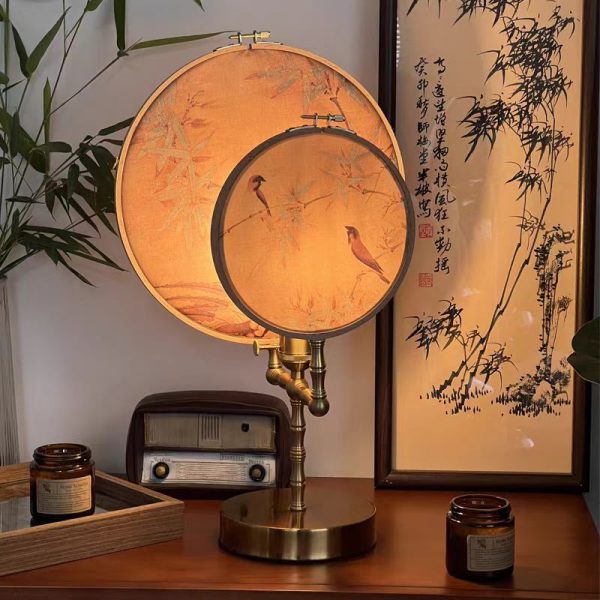 Traditional Chinese Fabric Copper And Wood Round Fan Bamboo Leaf 1-Light Table Lamp For Bedroom - Image 2