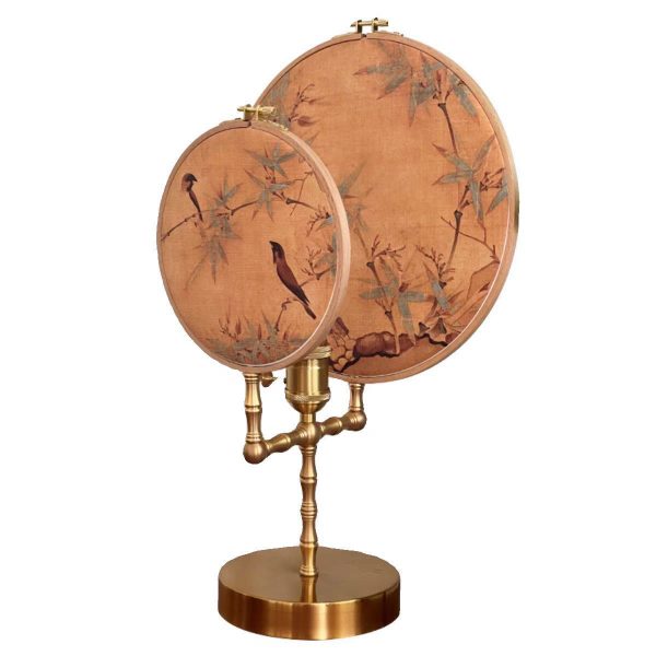 Traditional Chinese Fabric Copper And Wood Round Fan Bamboo Leaf 1-Light Table Lamp For Bedroom - Image 18