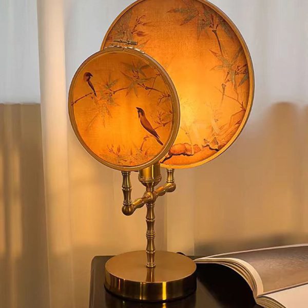 Traditional Chinese Fabric Copper And Wood Round Fan Bamboo Leaf 1-Light Table Lamp For Bedroom - Image 14