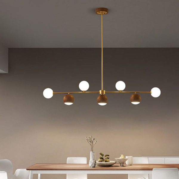 Contemporary Nordic Walnut Brass Glass Ball 4-Light LED Chandelier Island Light For Dining Room - Image 3