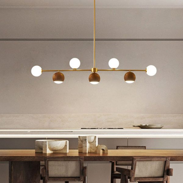 Contemporary Nordic Walnut Brass Glass Ball 4-Light LED Chandelier Island Light For Dining Room - Image 4