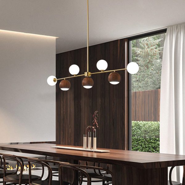 Contemporary Nordic Walnut Brass Glass Ball 4-Light LED Chandelier Island Light For Dining Room - Image 2