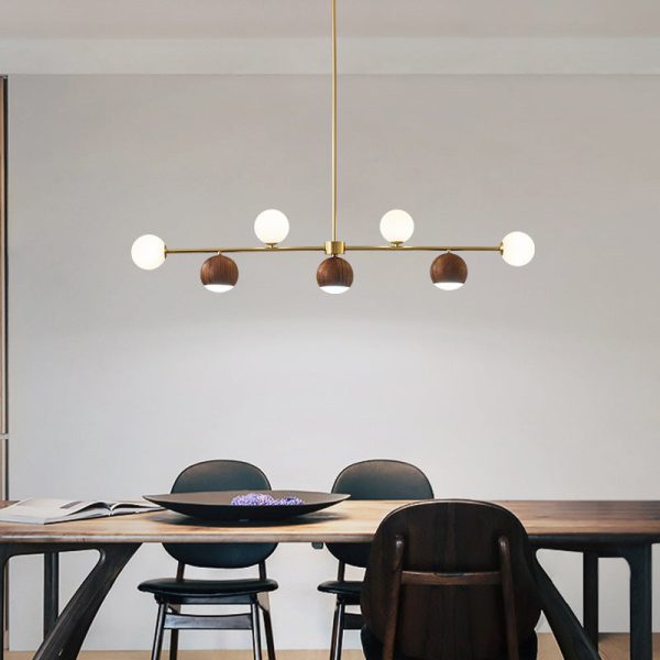 Contemporary Nordic Walnut Brass Glass Ball 4-Light LED Chandelier Island Light For Dining Room - Image 5