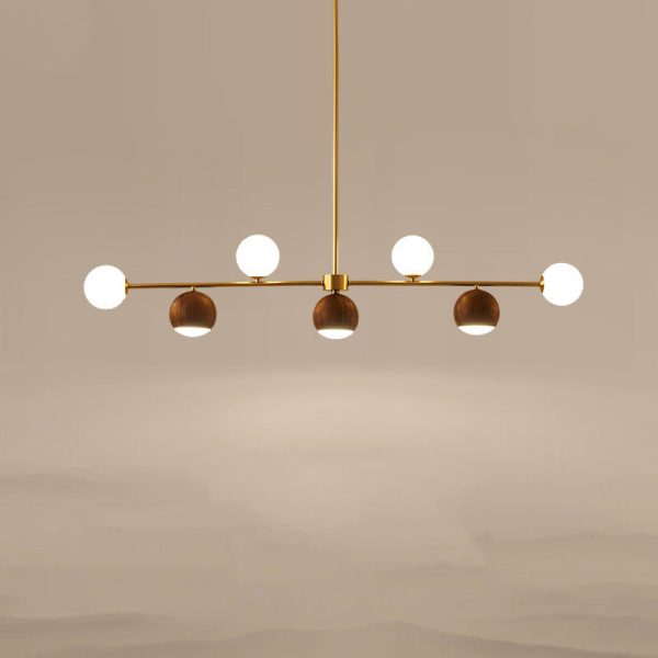 Contemporary Nordic Walnut Brass Glass Ball 4-Light LED Chandelier Island Light For Dining Room - Image 13