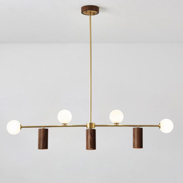 Contemporary Nordic Walnut Brass Glass Ball & Cylinder Spotlight 4-Light LED Chandelier Island Light For Dining Room - Image 7