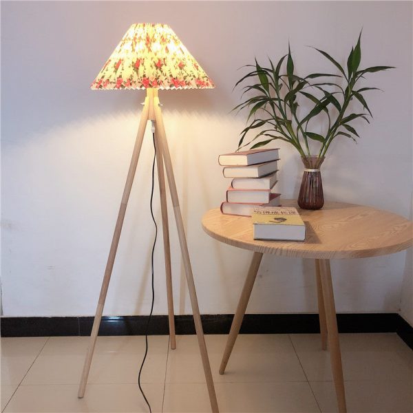 Contemporary Nordic Wood & Fabric Pleated Tripod 1-Light Standing Floor Lamp For Living Room And Bedroom