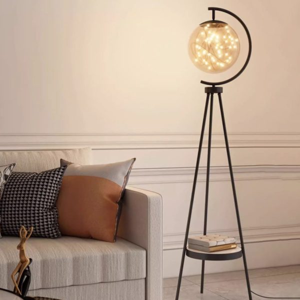 Contemporary Nordic Glass & Metal Starry Globe LED Standing Floor Lamp With Shelf For Living Room And Bedroom - Image 3