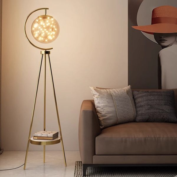 Contemporary Nordic Glass & Metal Starry Globe LED Standing Floor Lamp With Shelf For Living Room And Bedroom - Image 11