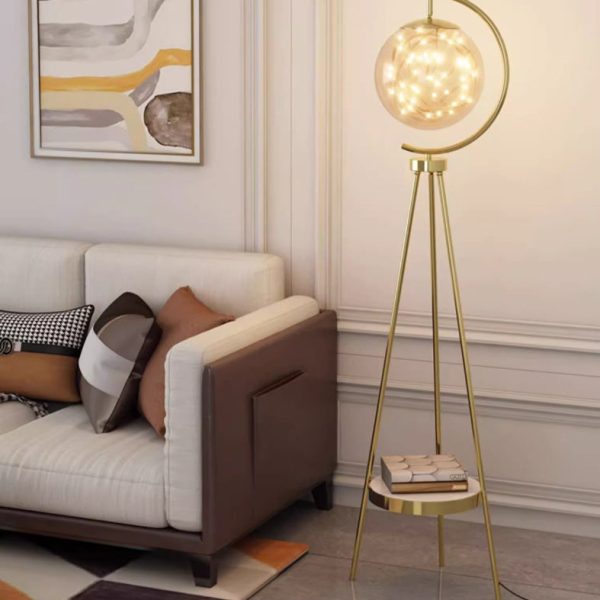 Contemporary Nordic Glass & Metal Starry Globe LED Standing Floor Lamp With Shelf For Living Room And Bedroom - Image 6