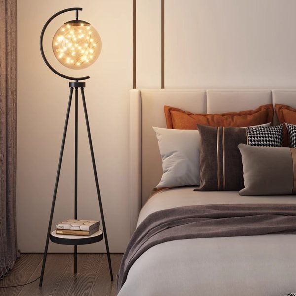 Contemporary Nordic Glass & Metal Starry Globe LED Standing Floor Lamp With Shelf For Living Room And Bedroom - Image 15