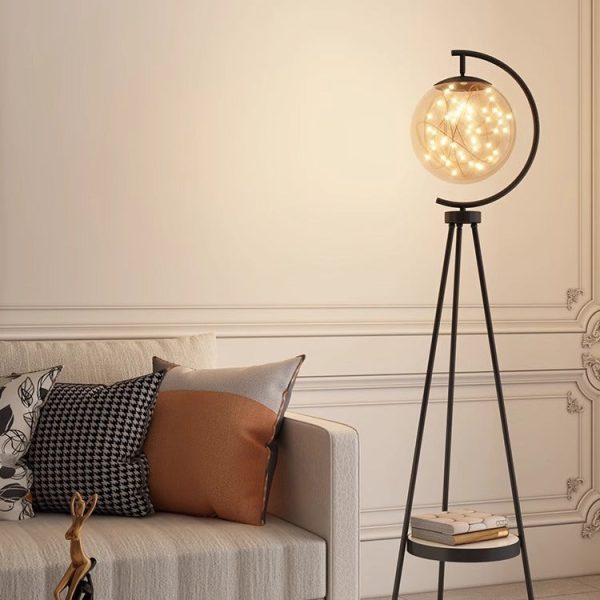 Contemporary Nordic Glass & Metal Starry Globe LED Standing Floor Lamp With Shelf For Living Room And Bedroom - Image 7